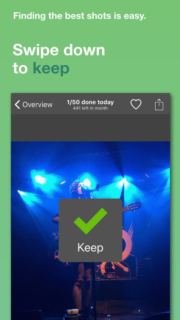 Screenshot showing how to mark an image as keep by swiping down